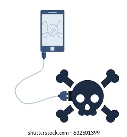 Skull symbol connected to a cell phone through a usb cable. Outline of the skull being shown on the mobile monitor. Flat design. Isolated.