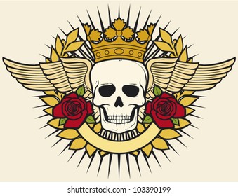 skull symbol tattoo design (crown, laurel wreath, wings, roses and banner)