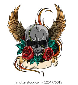 skull symbol tattoo design crown, laurel wreath, wings, roses and banner