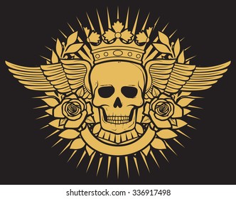 skull symbol tattoo design (crown, laurel wreath, wings, roses and banner)