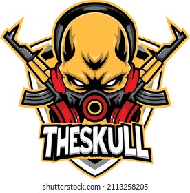The skull symbol uses a mask, with two weapons behind it. 3D illustration.