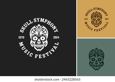 Skull symphony music festival poster, featuring skull playing musical instruments. Perfect for music festival promotions, event flayers, and concert announcements.