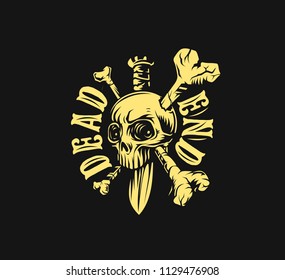 Skull T shirt Graphic Design with text of dead end, vector illustration.