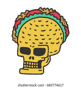 Skull taco drawning. Mexican Skeleton Head with Tacos Cartoon Style
