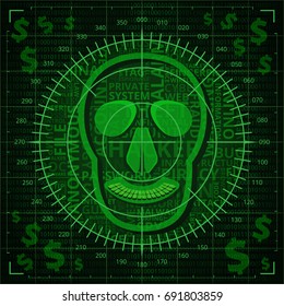 Skull target with hacker related words on binary code background