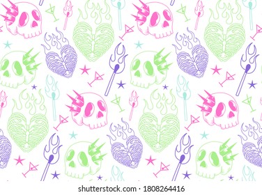 Skull tattoo color green seamless pattern