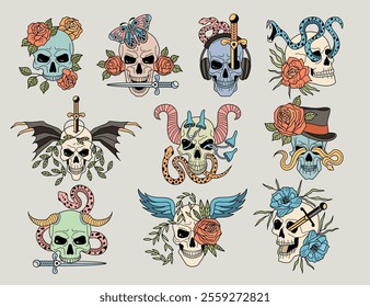 Skull tattoo. Colorful pictures set of creepy drawing skulls in different points of view recent vector illustration