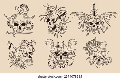 Skull tattoo. Creepy face with different emotion hand drawn head recent vector stylized templates skull for tattoo design projects