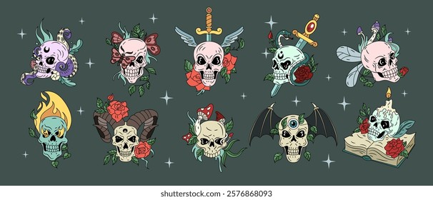 Skull tattoo. Face skeleton with flower rose. Gothic snake and dagger. Halloween vintage icon. Grunge style drawing with colorful ornament. Wizard magic. Scary demon. Vector spooky tidy bone heads set