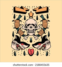 skull tattoo flash illustration vector design