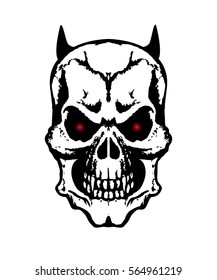 skull tattoo horn devil black white vector