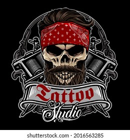 skull with tattoo machine and classic badges vector illustration