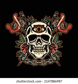 skull and tattoo machine vector illustration