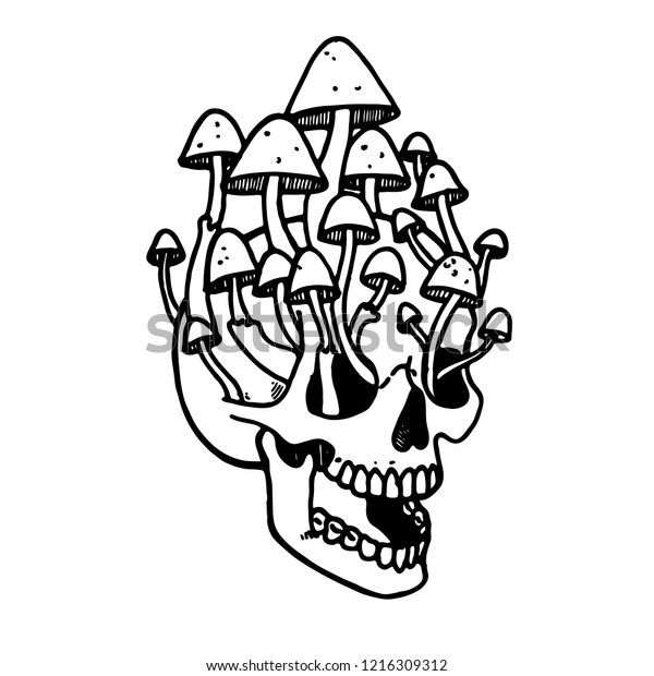 Skull Tattoo Mushrooms Traditional Black Dot Stock Vector Royalty