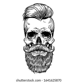 Skull Tattoo With Mustache And Beard. Hipster. Vector Illustration On White Background. Hand Drawn Line Art Vector Illustration For Design Print Shirt, Poster, Textiles, Tattoo, Cover. Traditional Art