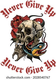 skull tattoo with snake in teeth and slogan