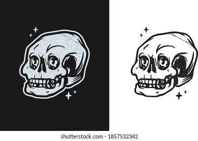 Skull tattoo stamp shirt print black white vector traditional apparel biker illustration happy tee