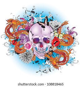 Skull tattoo style graphic. Vector illustration