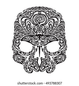 Skull tattoo in the style of Maori with marine life. Sea creatures