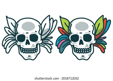 Skull tattoos with leaves vector cartoon set isolated on a white background.