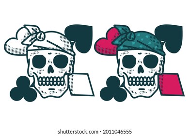Skull tattoos with playing cards vector cartoon set isolated on a white background.