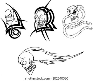 Skull tattoos. Set of black and white vector illustrations.