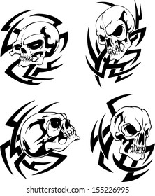 Skull tattoos. Set of black and white vector illustrations.