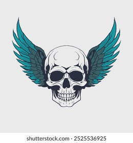 A skull with teal wings on a gray background.