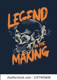 Skull. Tee print. Detailed hand drawn illustration of skull on dark background with Hard Core typography.