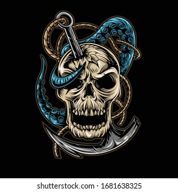 skull tentacle anchor vector illustration design isolated on dark background