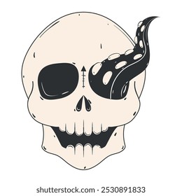 Skull with tentacle coming out of eye socket, black and white, Vector