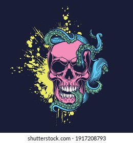 Skull with tentacles design. Vector illustration of human skull with octopus tentacles and ink splash in engraving technique isolated on black.