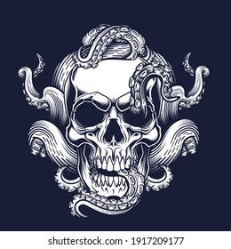 Skull with tentacles design. Vector illustration of human skull with octopus tentacles in engraving technique isolated on black.