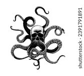 skull with tentacles hand drawing vector isolated on white background.