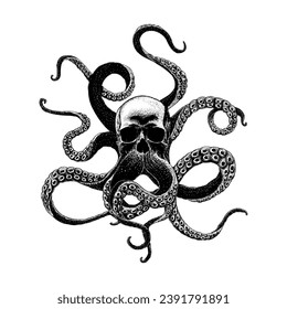 skull with tentacles hand drawing vector isolated on white background.