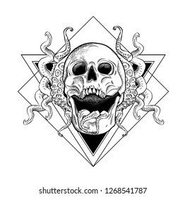 Skull and tentacles of the octopus on the background of a triangle. Can be used for printing on T-shirts, flyers, etc.Vector illustration.