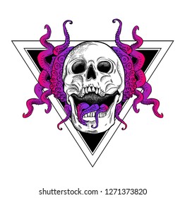 Skull and tentacles of the octopus on the background of a triangle. Can be used for printing on T-shirts, flyers, etc.Vector illustration.