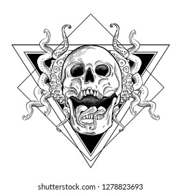 Skull and tentacles of the octopus on the background of a triangle. Can be used for printing on T-shirts, flyers, etc.Vector illustration.