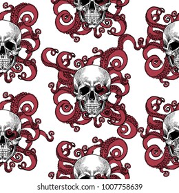 Skull and tentacles of the octopus .Vector seamless pattern
