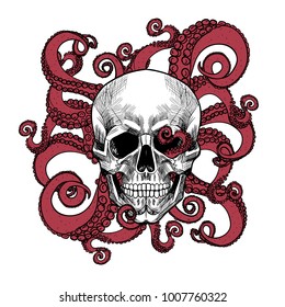 Skull and tentacles of the octopus .Vector seamless pattern