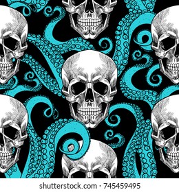 Skull and tentacles of the octopus .Vector seamless pattern