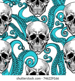 Skull and tentacles of the octopus .Vector seamless pattern