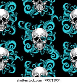 Skull and tentacles of the octopus .Vector seamless pattern