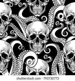 Skull and tentacles of the octopus .Vector seamless pattern