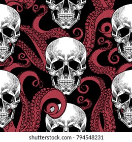 Skull and tentacles of the octopus .Vector seamless pattern
