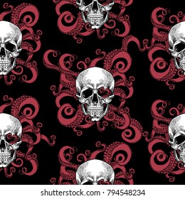 Skull and tentacles of the octopus .Vector seamless pattern

