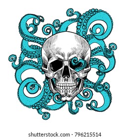 Skull and tentacles of the octopus .Vector seamless pattern