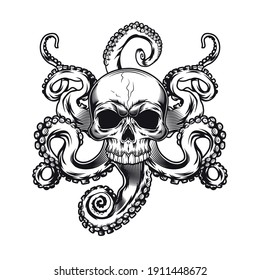 Skull with tentacles tattoo design. Monochrome element with octopus in pirate dead head vector illustration. Sea life concept for symbols and emblems templates