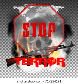 Skull terror Kalashnikov machine guns on a background of fire and smoke. Isolated objects can be used with any image or text.
