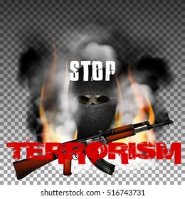 Skull terrorist masked and Kalashnikov machine guns on a background of fire and smoke. Isolated objects can be used with any image or text.
